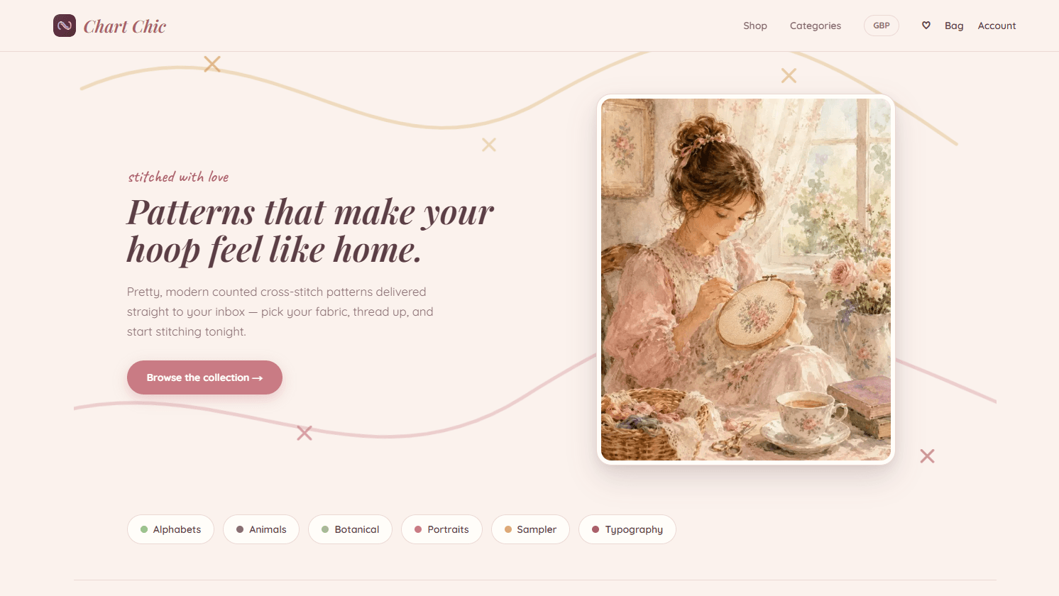 The Chart Chic storefront: a serif hero reading 'Patterns that make your hoop feel like home', a watercolour illustration of a woman embroidering, and pattern category pills.
