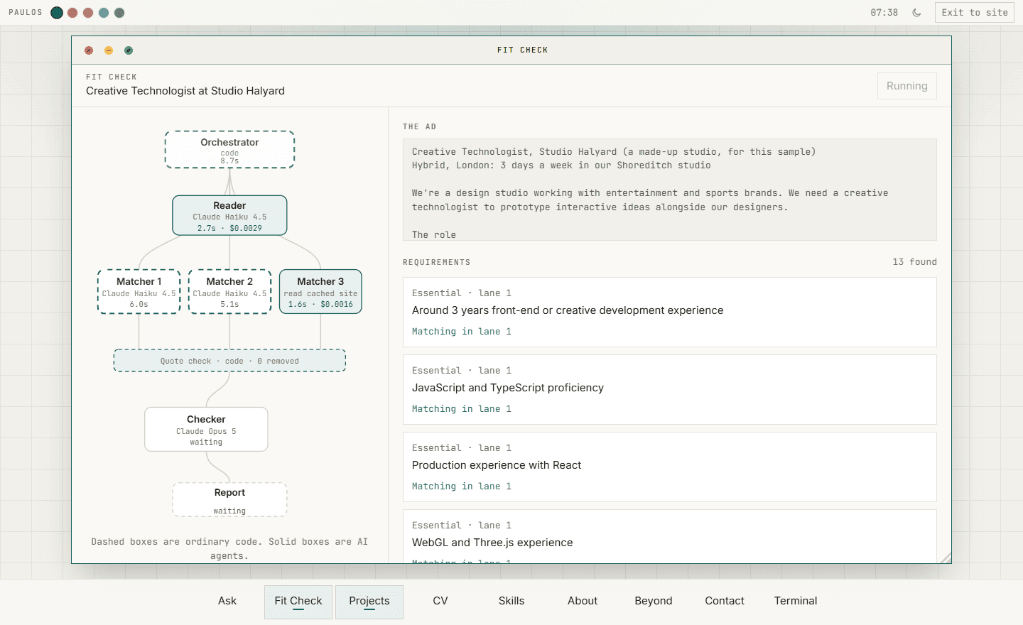 Fit Check part way through a run in PaulOS: on the left an orchestration diagram with the Orchestrator, the Reader finished, three Matcher lanes (two still working, one done and reading the cached site), the quote check and the Checker waiting; on the right the job ad and the requirements the Reader pulled out of it, each marked as matching in lane 1.
