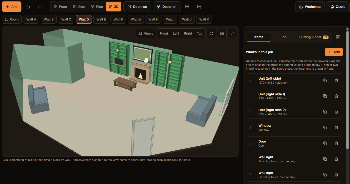 A job open in Joiner Kit: a living room drawn in 3D with alcove units either side of a fireplace, a window and a door, wall tabs for each wall of the room, and the job's item list beside it with each unit's width, height and depth.