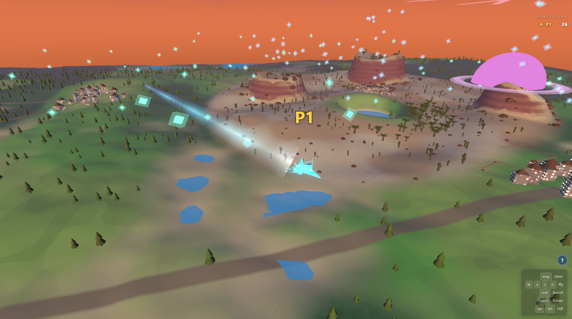 A light-glider trailing a glowing wake over procedurally generated terrain in Shard Islands, with floating energy cores and a domed beacon on the horizon.
